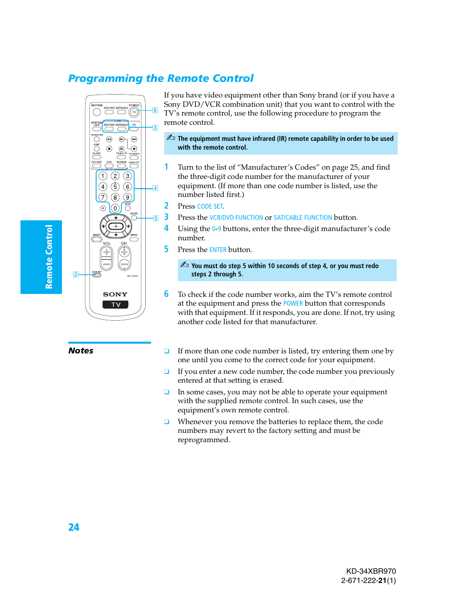 Programming the remote control | Sony KD-34XBR970 User Manual | Page 31 / 64
