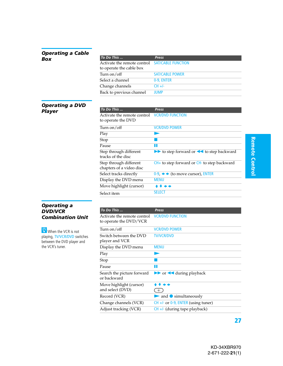 Operating a cable box, Operating a dvd player, Operating a dvd/vcr combination unit | Se tup | Sony KD-34XBR970 User Manual | Page 34 / 64