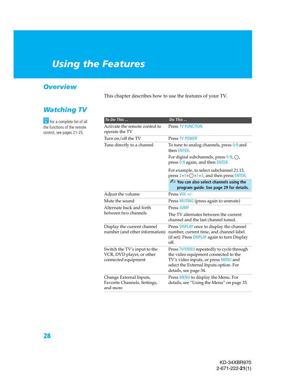 Using the features, Overview, Watching tv | Overview watching tv | Sony KD-34XBR970 User Manual | Page 35 / 64