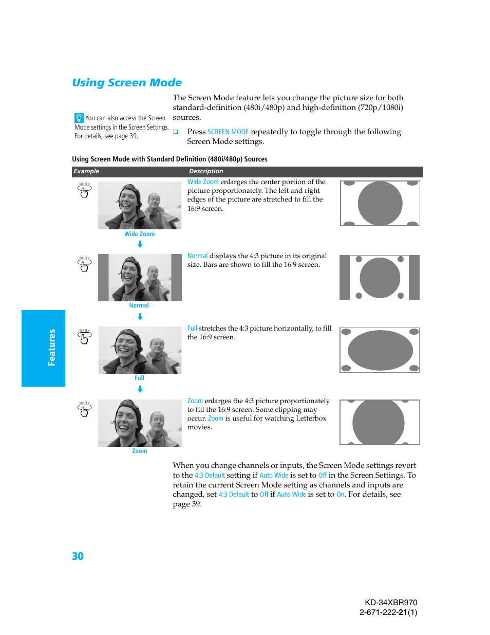 Using screen mode, Se tup se tup setup fe at u re s setup setu p | Sony KD-34XBR970 User Manual | Page 37 / 64