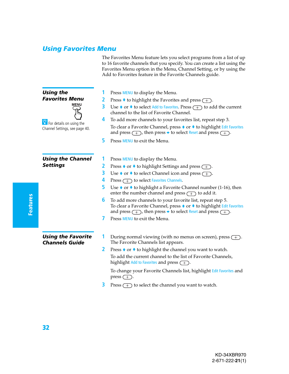 Using favorites menu, Using the favorites menu, Using the channel settings | Using the favorite channels guide | Sony KD-34XBR970 User Manual | Page 39 / 64