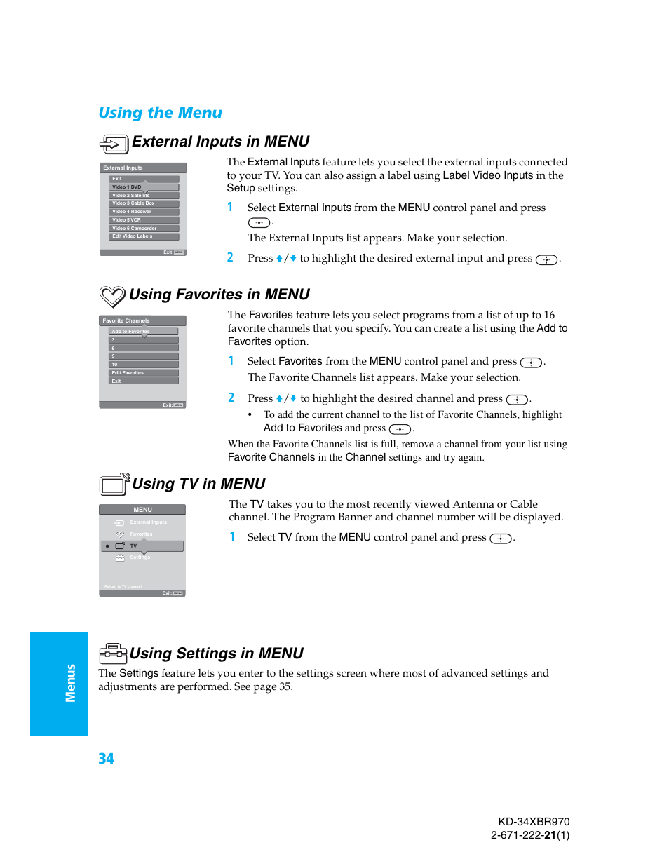 Using the menu, Using the menu external inputs in menu, Using favorites in menu | Using tv in menu, Using settings in menu, Me nus menu s menu s set u p setup setu p | Sony KD-34XBR970 User Manual | Page 41 / 64