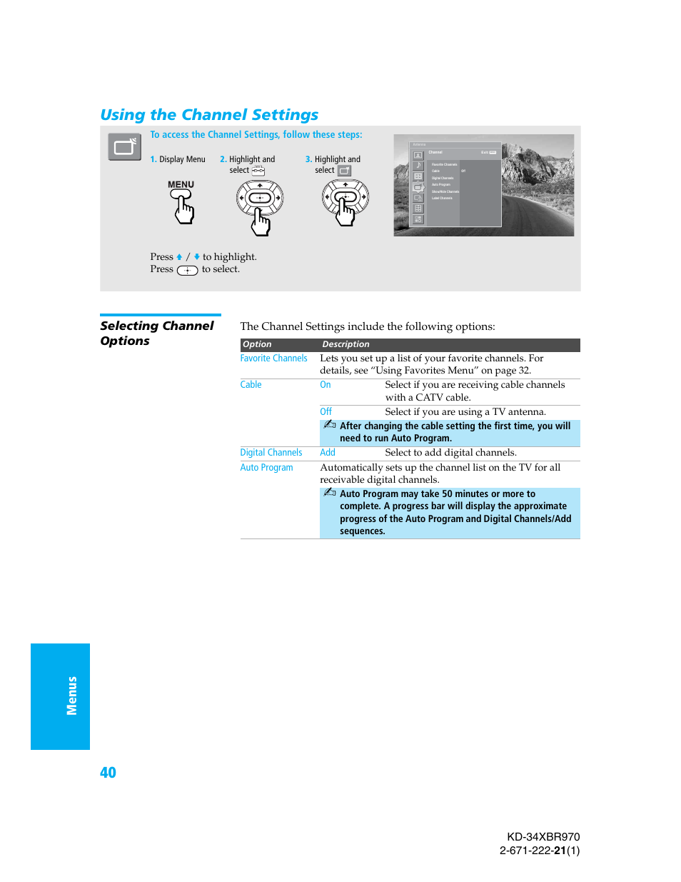 Using the channel settings, Selecting channel options, Me nus menu s menu s set u p setup setu p | Sony KD-34XBR970 User Manual | Page 47 / 64