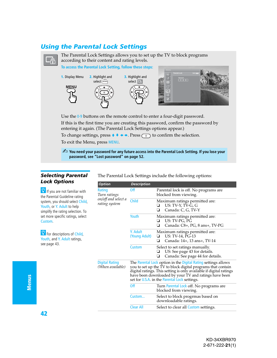 Using the parental lock settings, Selecting parental lock options, Me nus menu s menu s set u p setup setu p | Sony KD-34XBR970 User Manual | Page 49 / 64