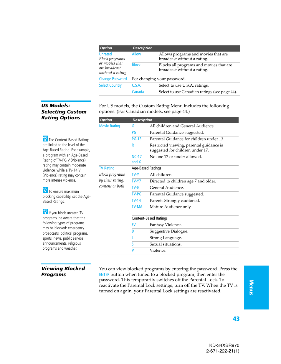 Us models: selecting custom rating options, Viewing blocked programs, Us models | Selecting custom rating options | Sony KD-34XBR970 User Manual | Page 50 / 64