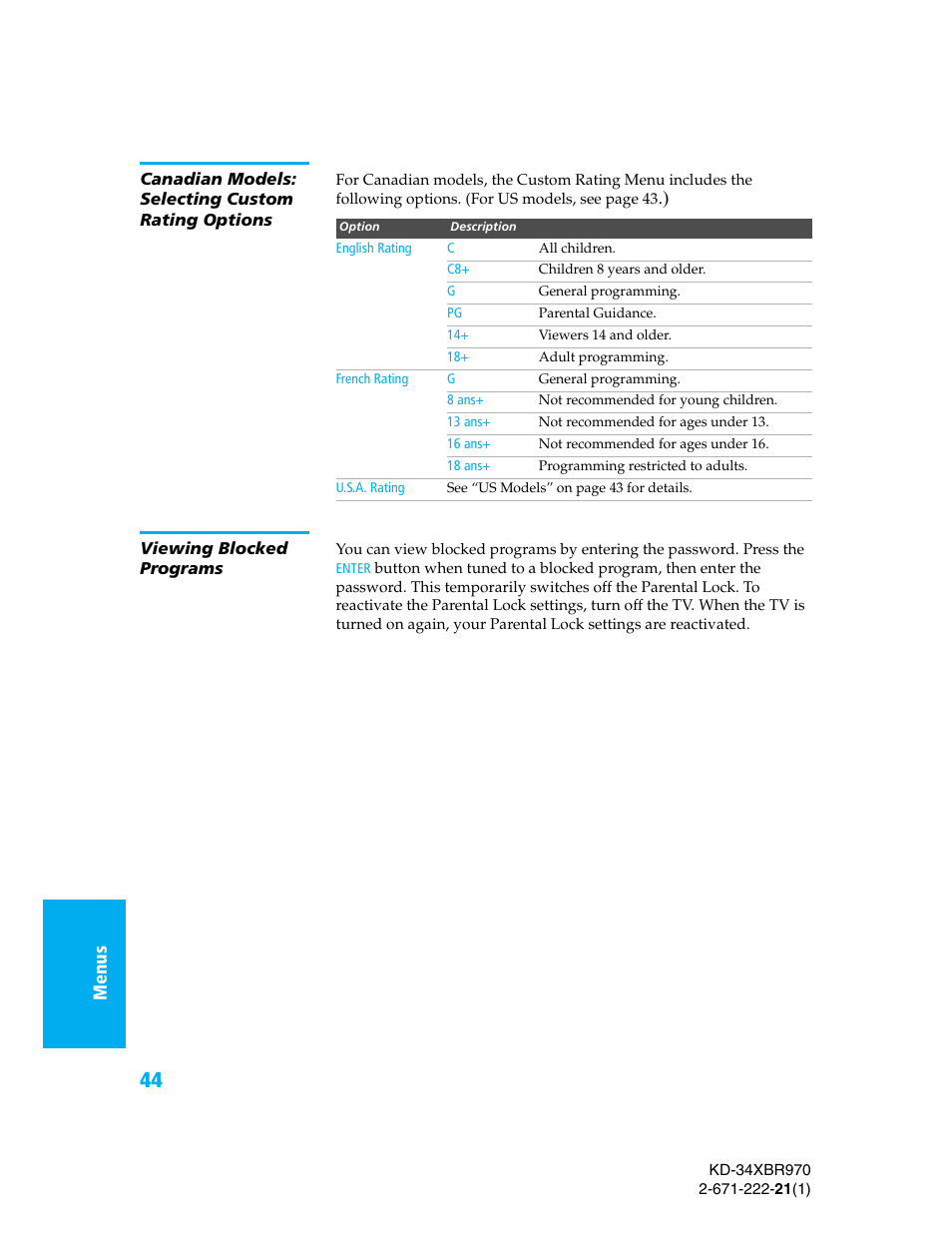 Canadian models: selecting custom rating options, Viewing blocked programs, Canadian models | Selecting custom rating options | Sony KD-34XBR970 User Manual | Page 51 / 64