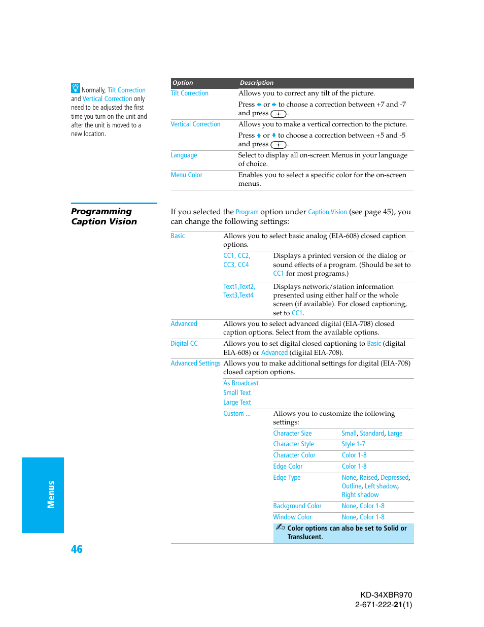 Programming caption vision | Sony KD-34XBR970 User Manual | Page 53 / 64