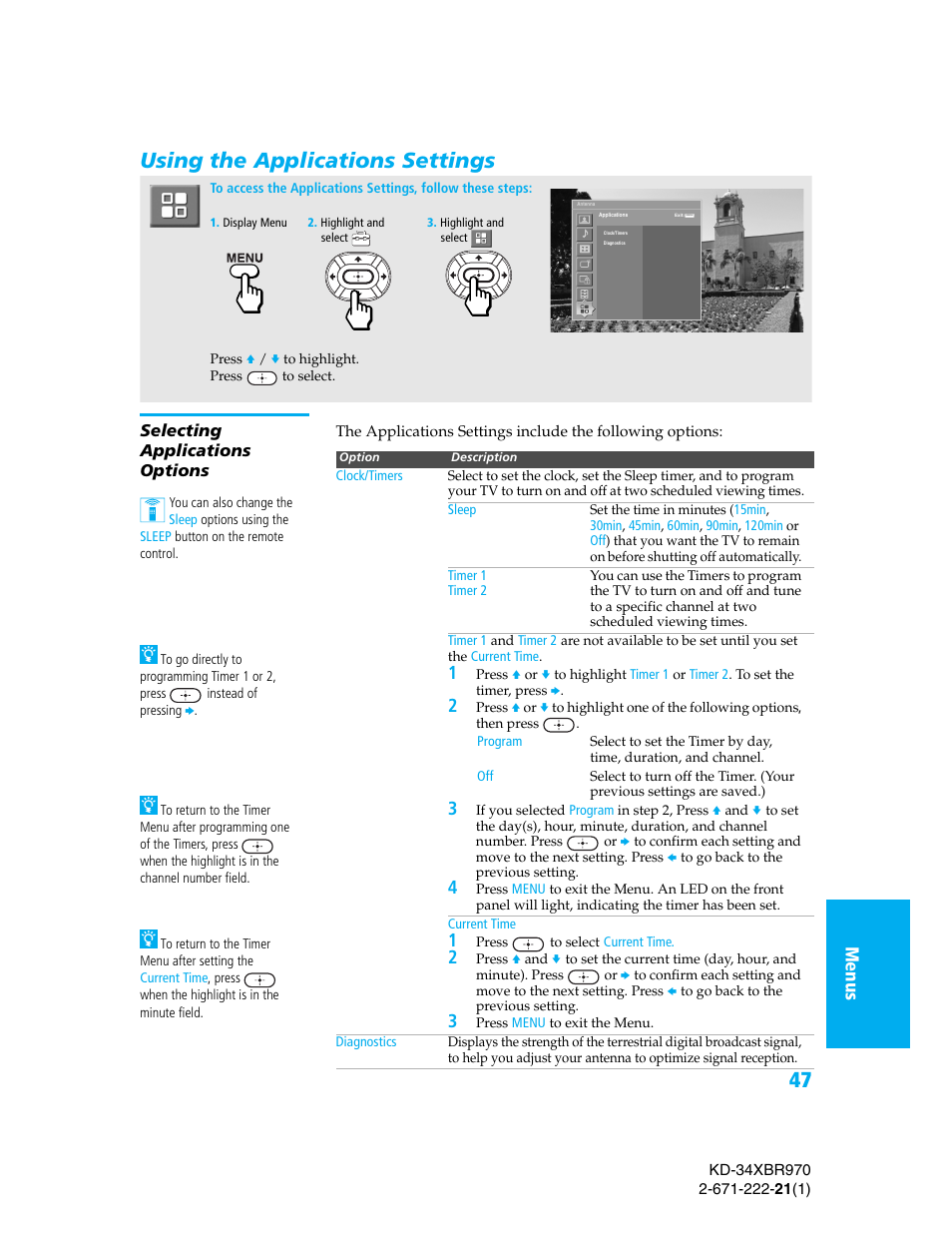 Using the applications settings, Selecting applications options, Me nus se tup menu s se tup menu s setu p | Sony KD-34XBR970 User Manual | Page 54 / 64