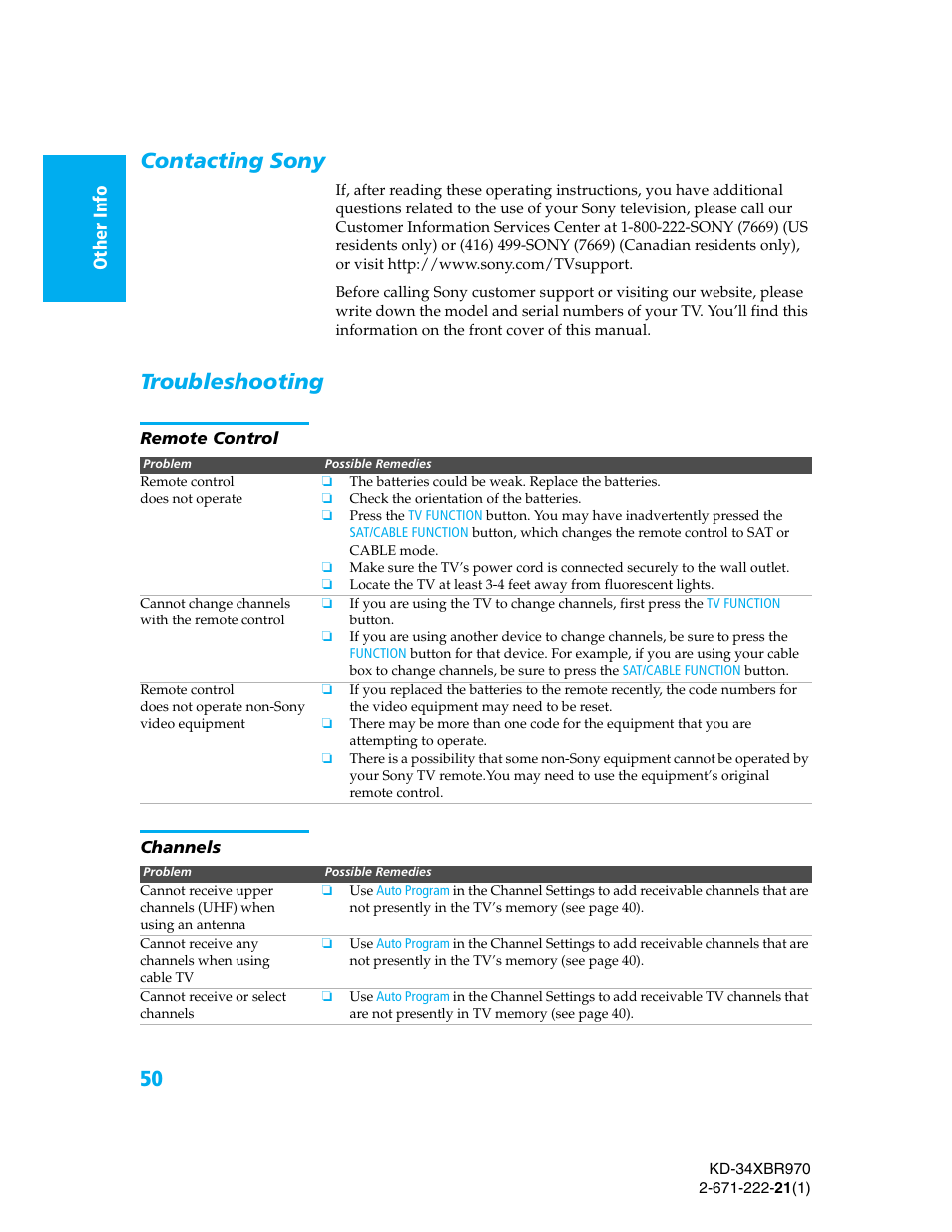 Contacting sony, Troubleshooting, Remote control | Channels, Contacting sony troubleshooting | Sony KD-34XBR970 User Manual | Page 57 / 64