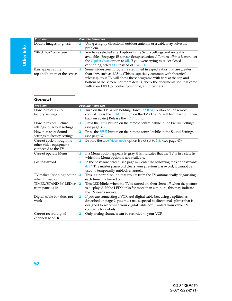 General | Sony KD-34XBR970 User Manual | Page 59 / 64