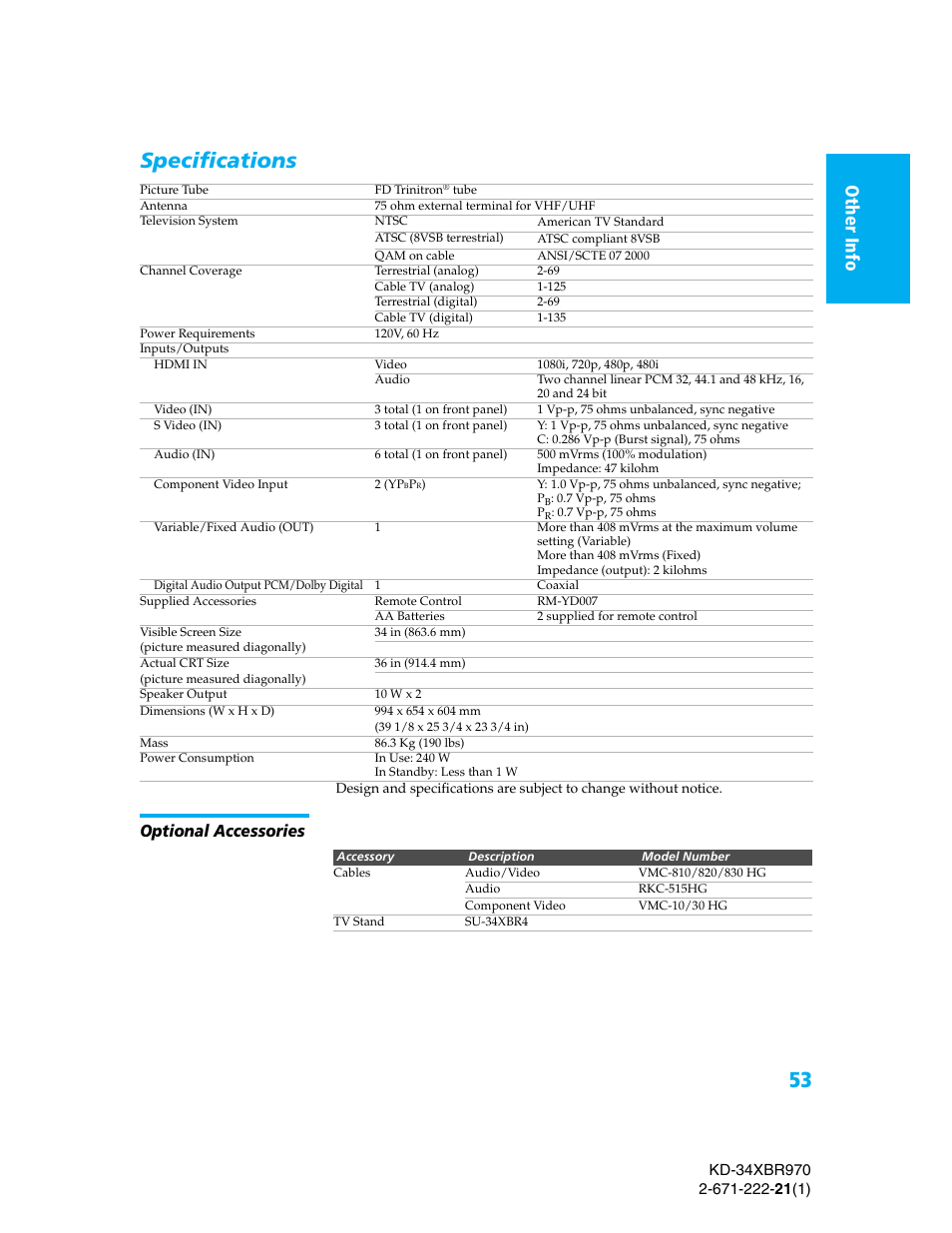 Specifications, Optional accessories | Sony KD-34XBR970 User Manual | Page 60 / 64