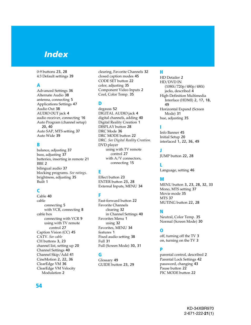 Index | Sony KD-34XBR970 User Manual | Page 61 / 64