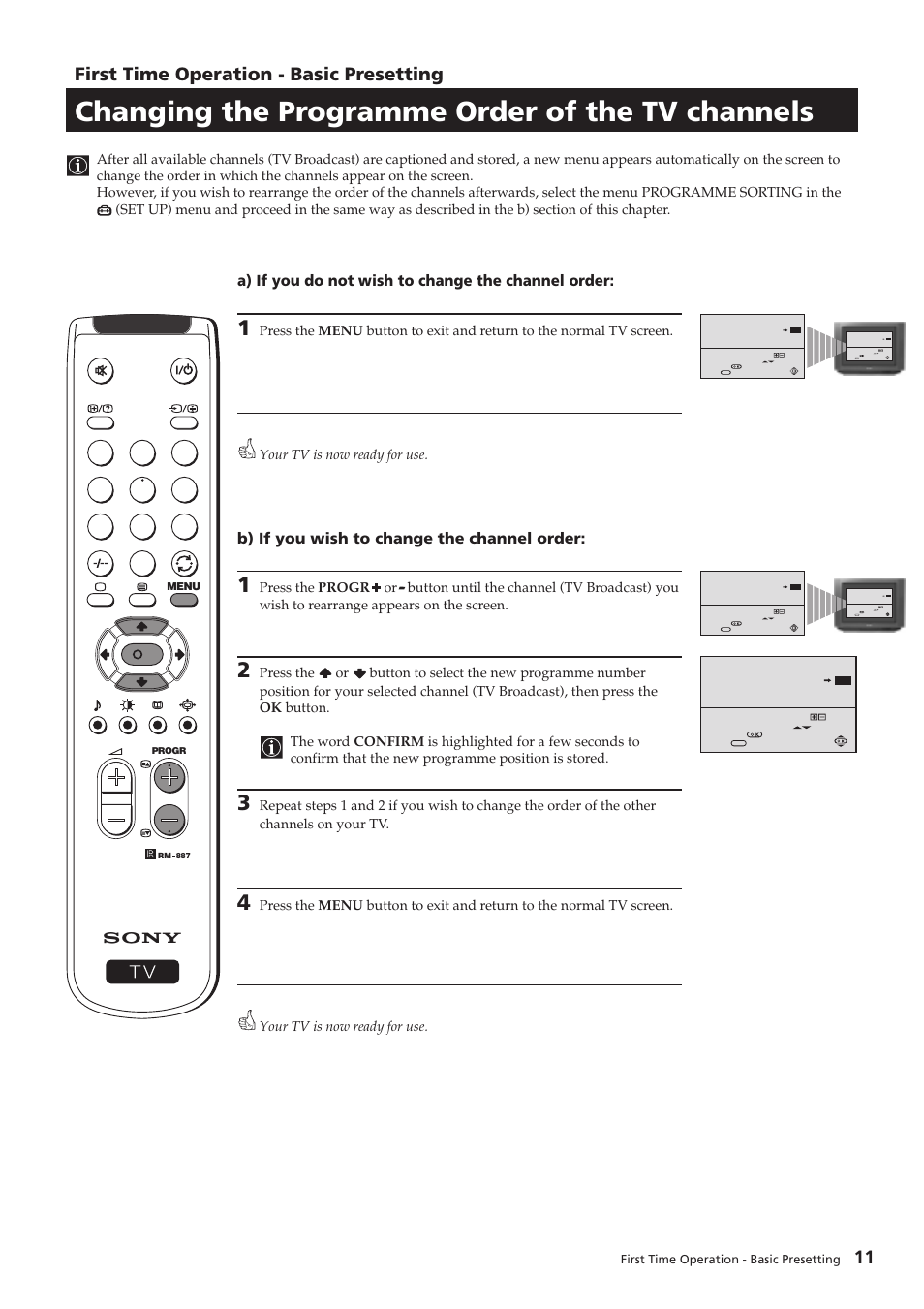 Changing the programme order of the tv channels, First time operation - basic presetting, A) if you do not wish to change the channel order | B) if you wish to change the channel order | Sony KV-29FX201D User Manual | Page 11 / 98