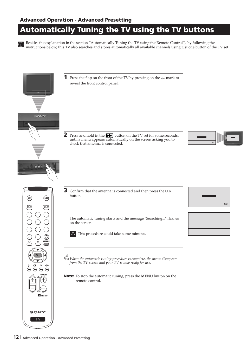 Automatically tuning the tv using the tv buttons, 12 advanced operation - advanced presetting | Sony KV-29FX201D User Manual | Page 12 / 98