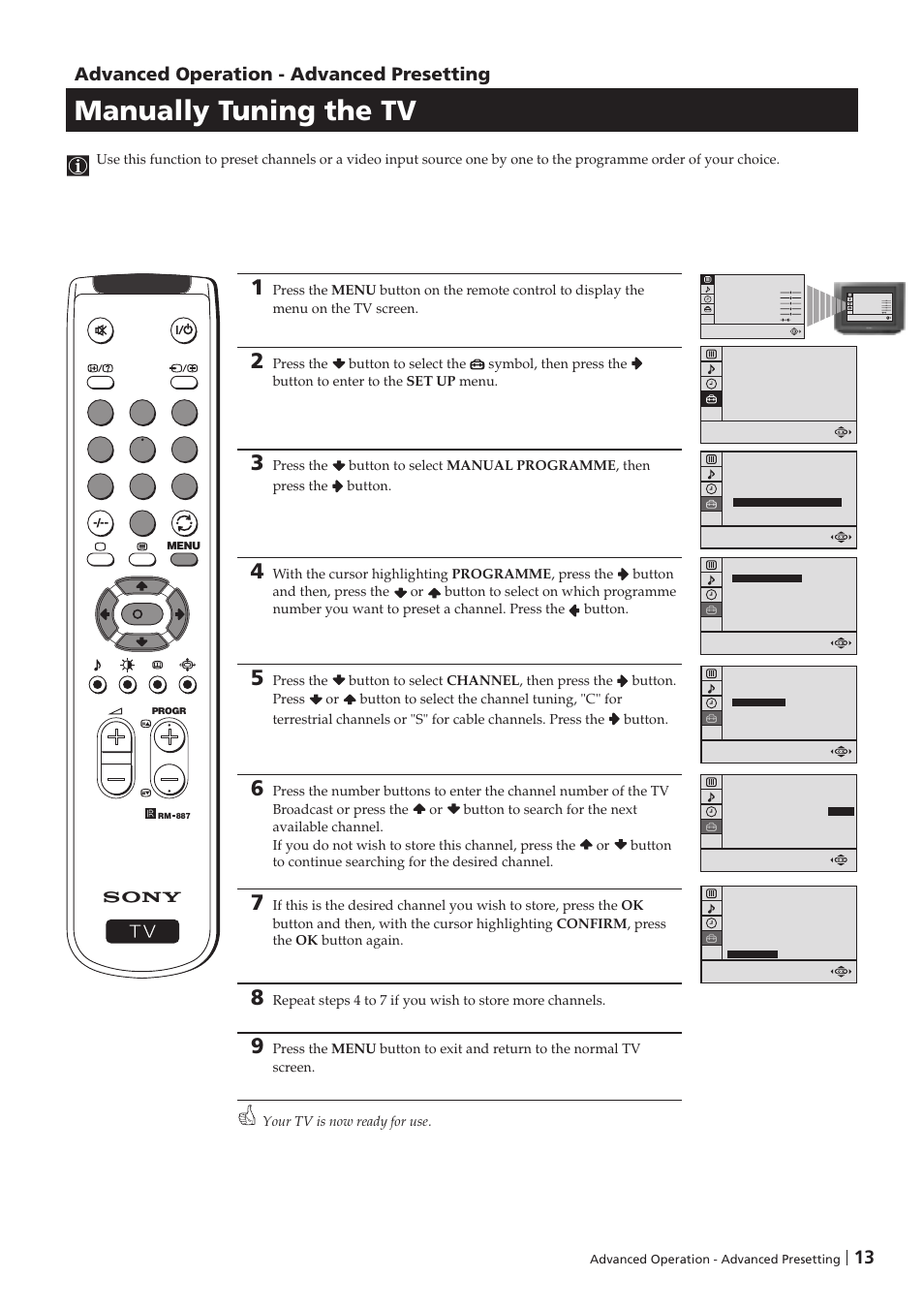 Manually tuning the tv, Advanced operation - advanced presetting | Sony KV-29FX201D User Manual | Page 13 / 98