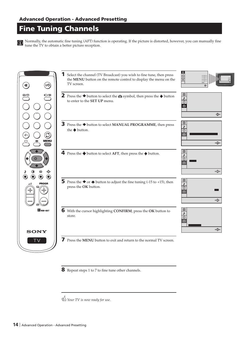 Fine tuning channels, Advanced operation - advanced presetting | Sony KV-29FX201D User Manual | Page 14 / 98