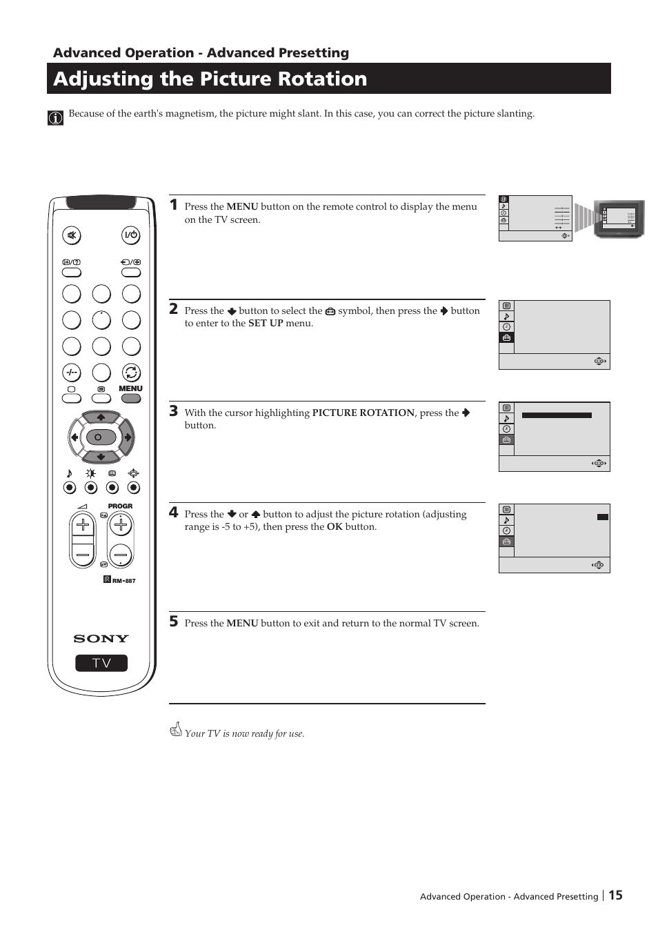 Adjusting the picture rotation, Advanced operation - advanced presetting | Sony KV-29FX201D User Manual | Page 15 / 98