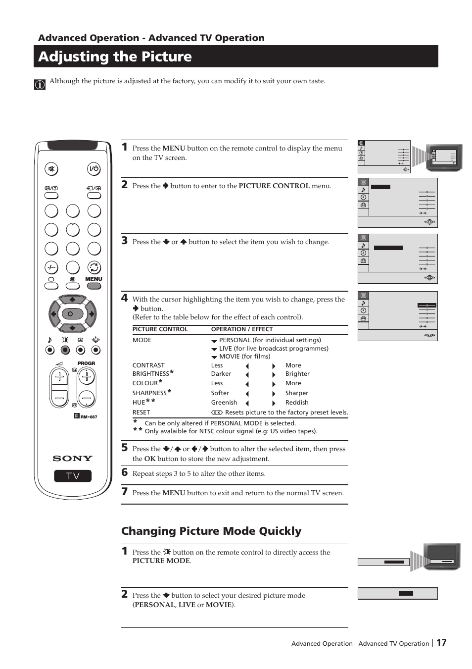 Adjusting the picture, Changing picture mode quickly 1, Advanced operation - advanced tv operation | Sony KV-29FX201D User Manual | Page 17 / 98