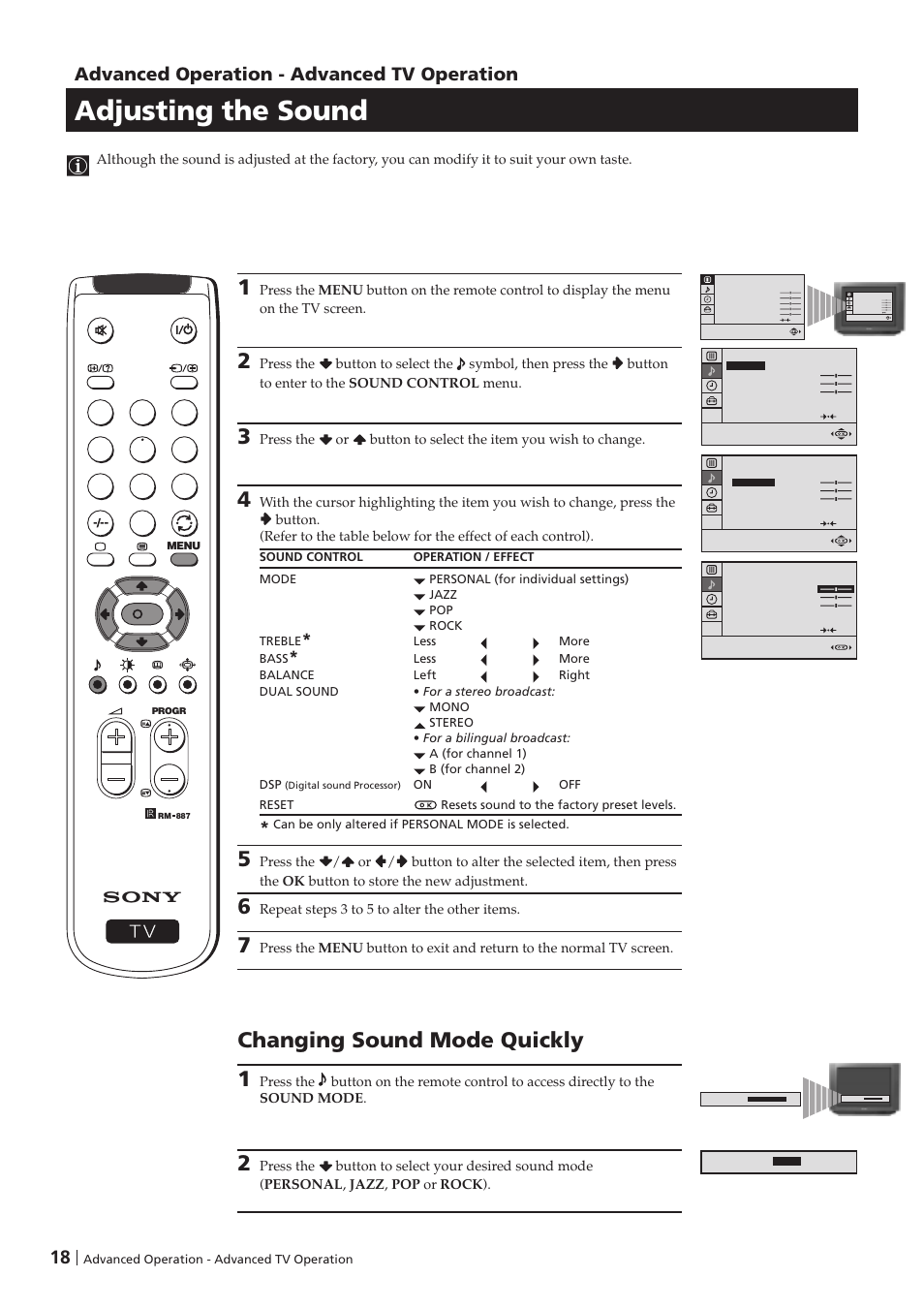 Adjusting the sound, Changing sound mode quickly 1, Advanced operation - advanced tv operation | Sony KV-29FX201D User Manual | Page 18 / 98