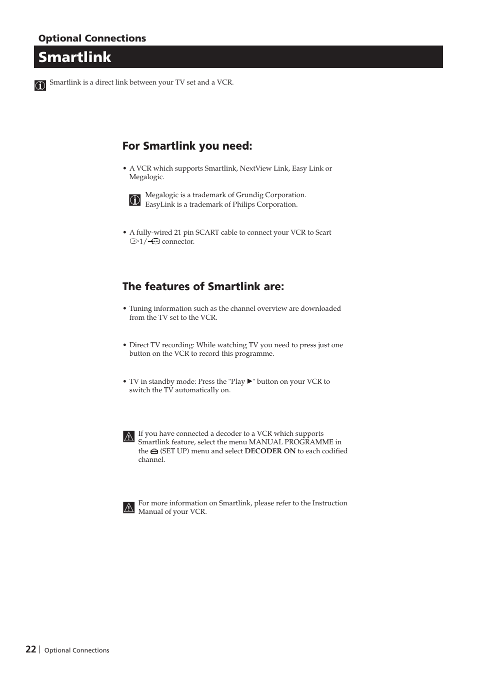 Smartlink, For smartlink you need, The features of smartlink are | Sony KV-29FX201D User Manual | Page 22 / 98