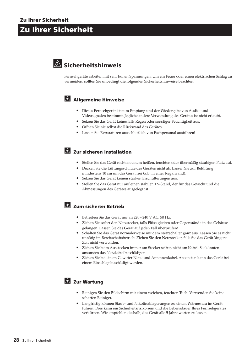 Zu ihrer sicherheit, Sicherheitshinweis | Sony KV-29FX201D User Manual | Page 28 / 98