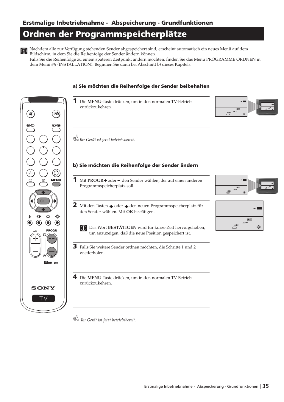 Ordnen der programmspeicherplätze, B) sie möchten die reihenfolge der sender ändern | Sony KV-29FX201D User Manual | Page 35 / 98