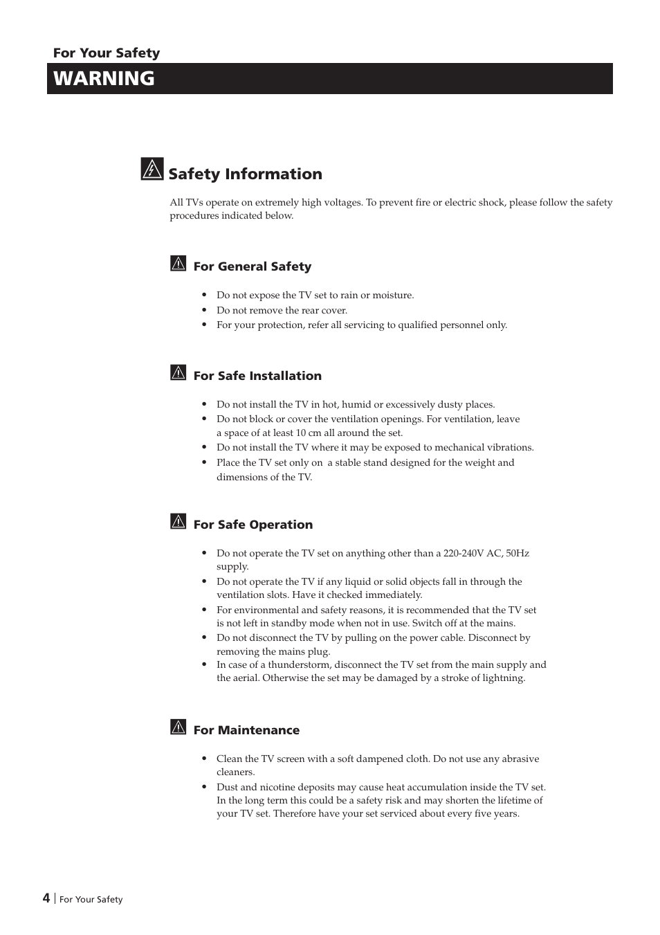 Warning, Safety information | Sony KV-29FX201D User Manual | Page 4 / 98