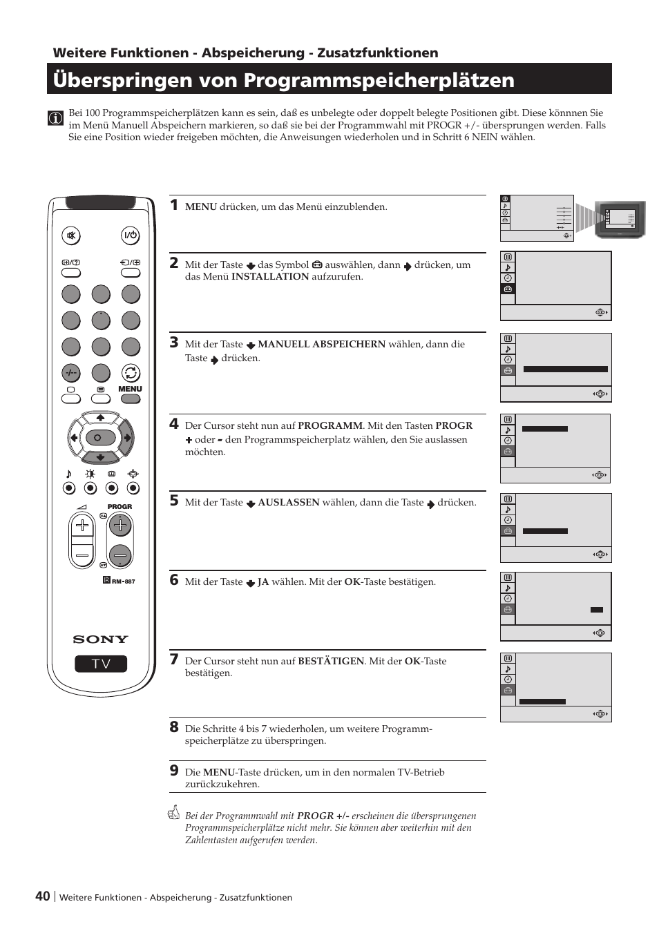 Überspringen von programmspeicherplätzen | Sony KV-29FX201D User Manual | Page 40 / 98