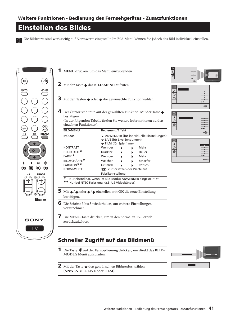 Einstellen des bildes, Schneller zugriff auf das bildmenü 1 | Sony KV-29FX201D User Manual | Page 41 / 98