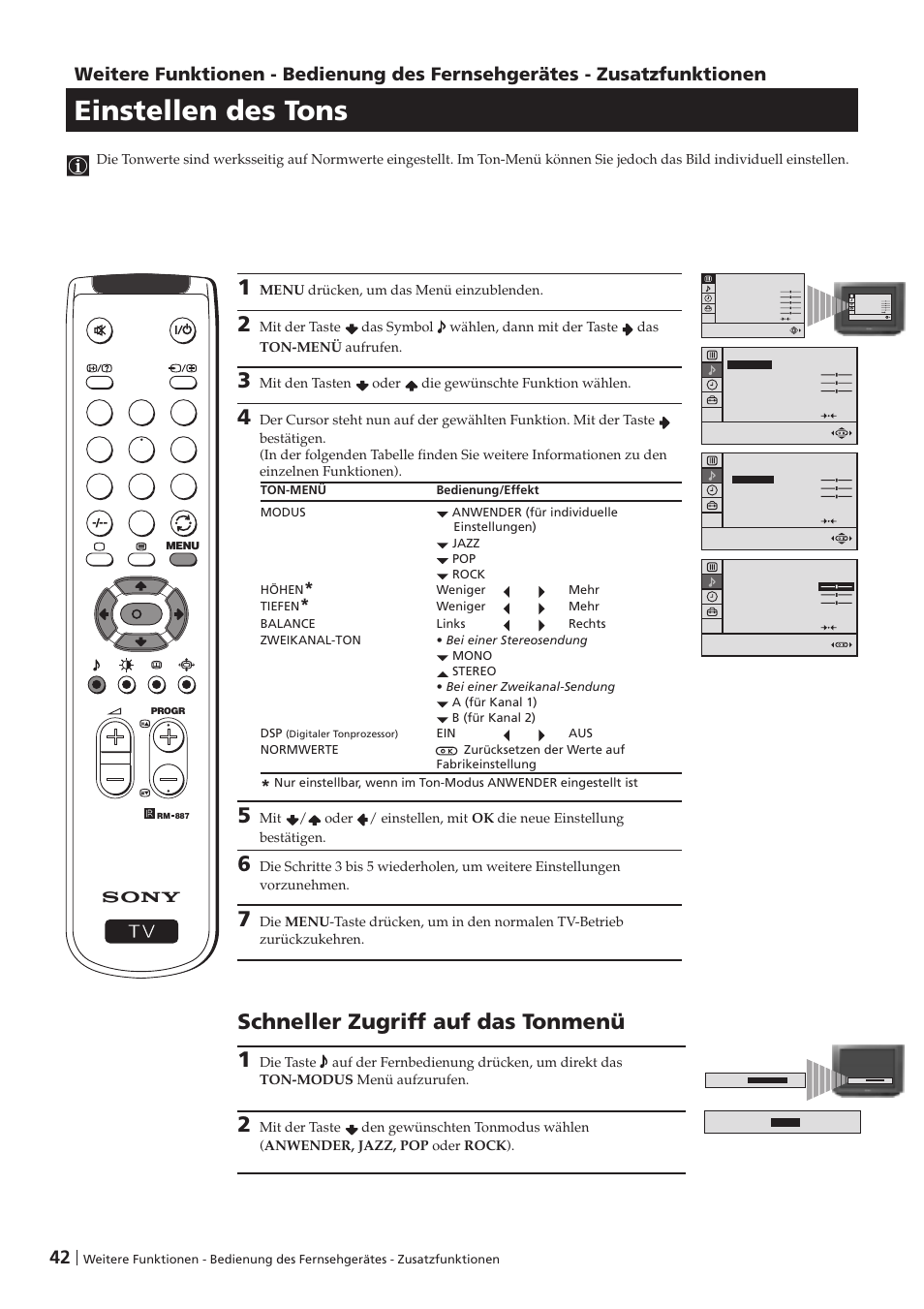 Einstellen des tons, Schneller zugriff auf das tonmenü 1 | Sony KV-29FX201D User Manual | Page 42 / 98