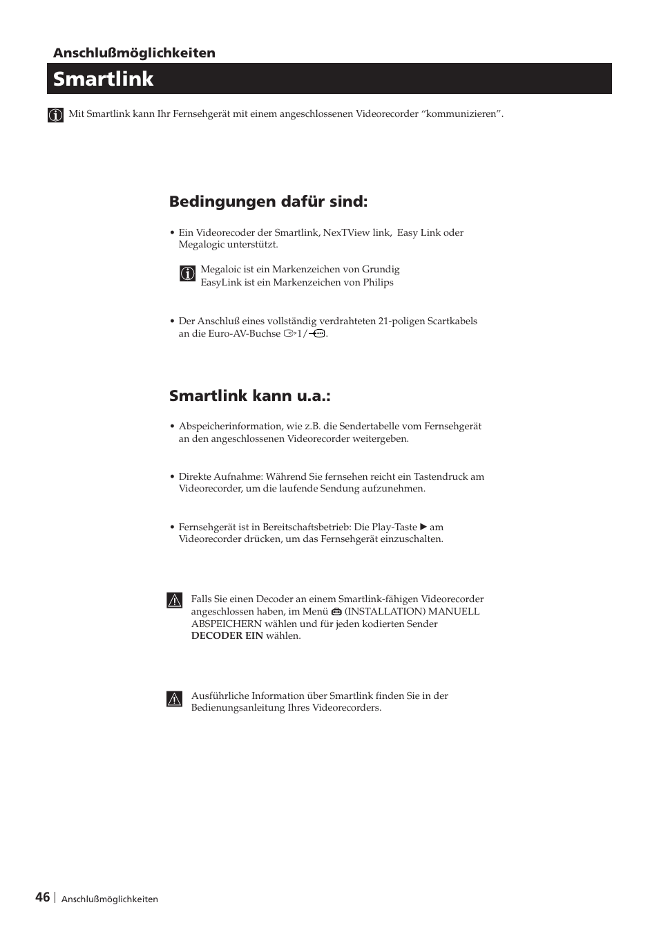 Smartlink, Bedingungen dafür sind, Smartlink kann u.a | 46 anschlußmöglichkeiten | Sony KV-29FX201D User Manual | Page 46 / 98