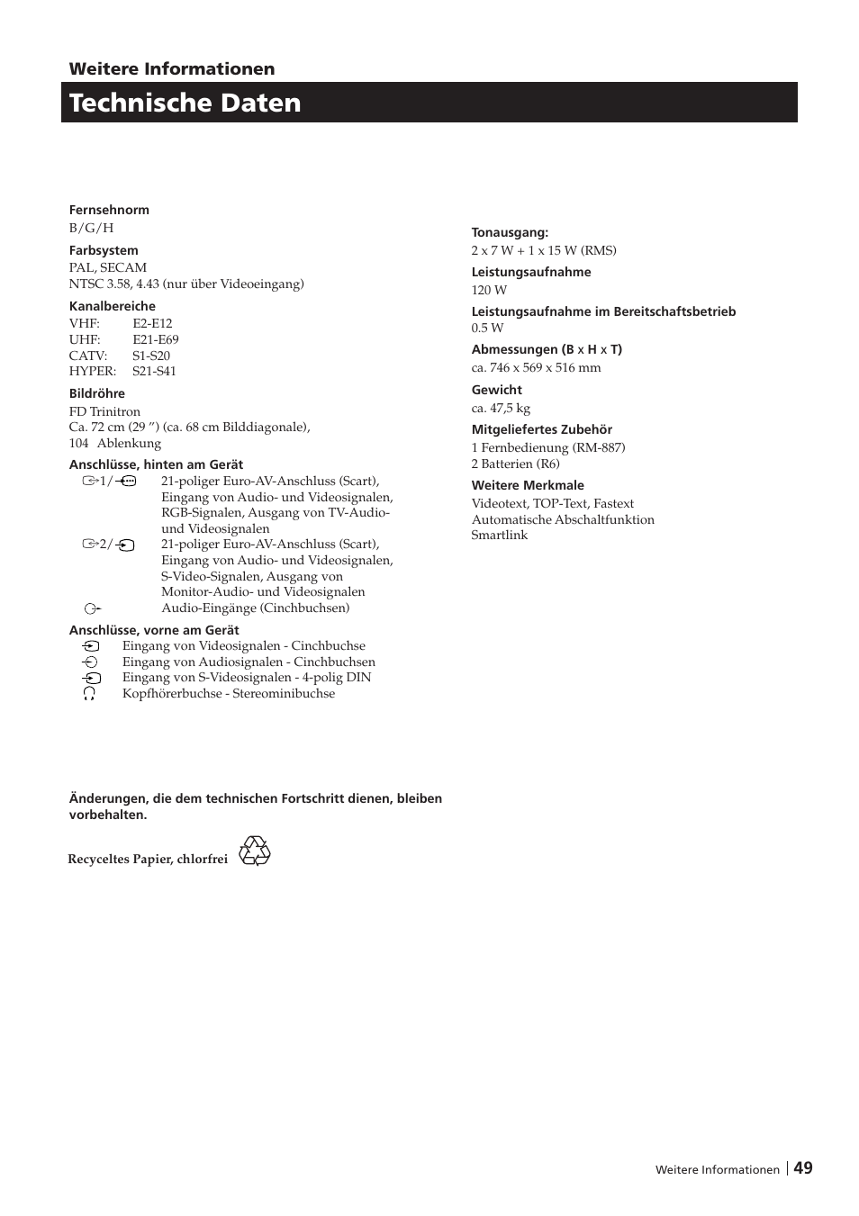 Technische daten, 49 weitere informationen | Sony KV-29FX201D User Manual | Page 49 / 98