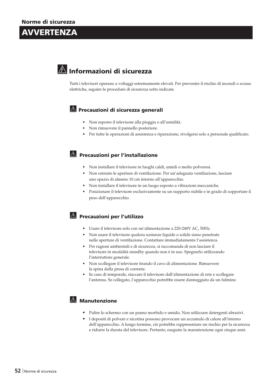 Avvertenza, Informazioni di sicurezza | Sony KV-29FX201D User Manual | Page 52 / 98