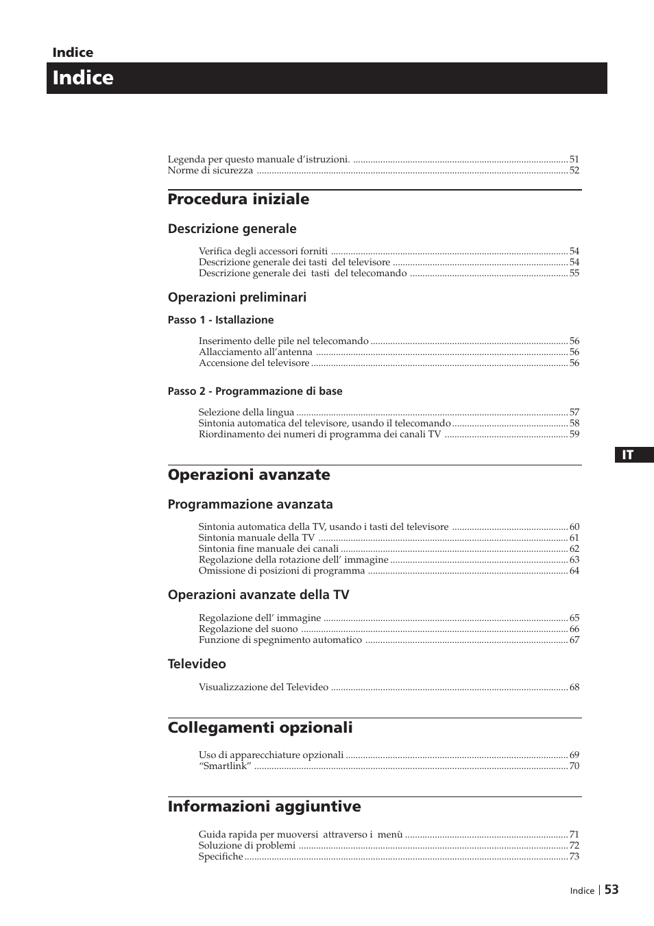 Indice, Procedura iniziale, Operazioni avanzate | Collegamenti opzionali, Informazioni aggiuntive | Sony KV-29FX201D User Manual | Page 53 / 98