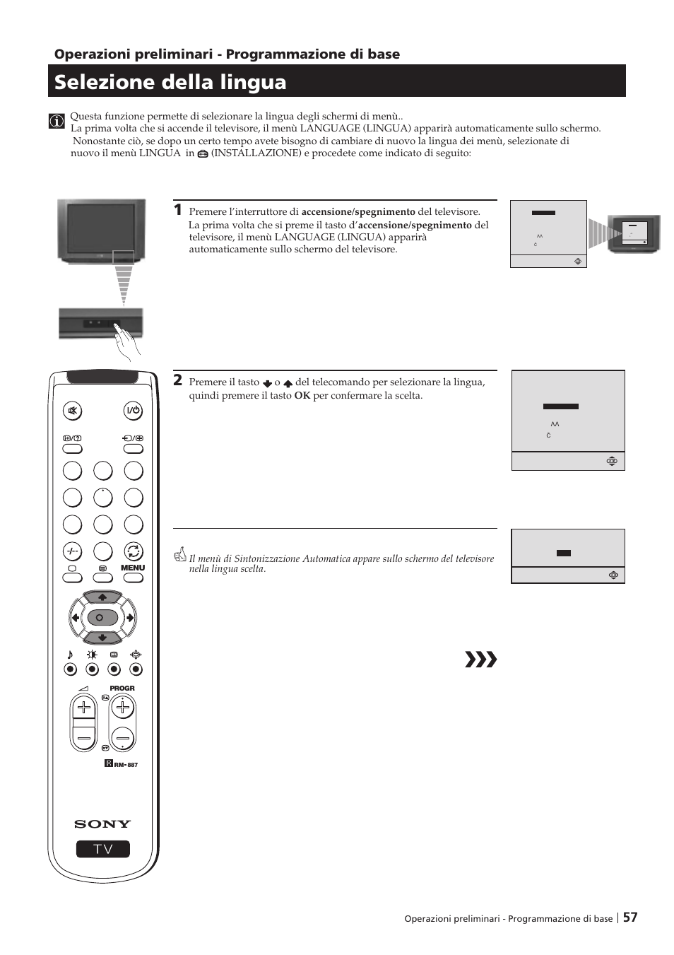 Selezione della lingua, Operazioni preliminari - programmazione di base | Sony KV-29FX201D User Manual | Page 57 / 98