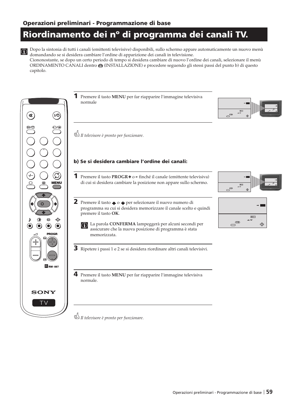 Riordinamento dei nº di programma dei canali tv, Operazioni preliminari - programmazione di base, B) se si desidera cambiare l’ordine dei canali | Sony KV-29FX201D User Manual | Page 59 / 98