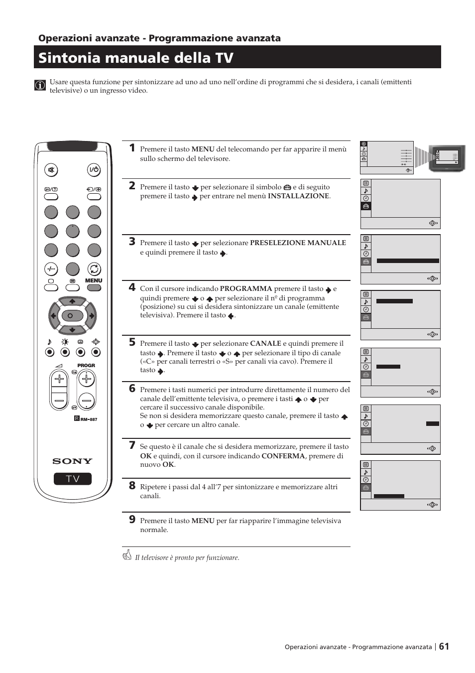 Sintonia manuale della tv, Operazioni avanzate - programmazione avanzata | Sony KV-29FX201D User Manual | Page 61 / 98