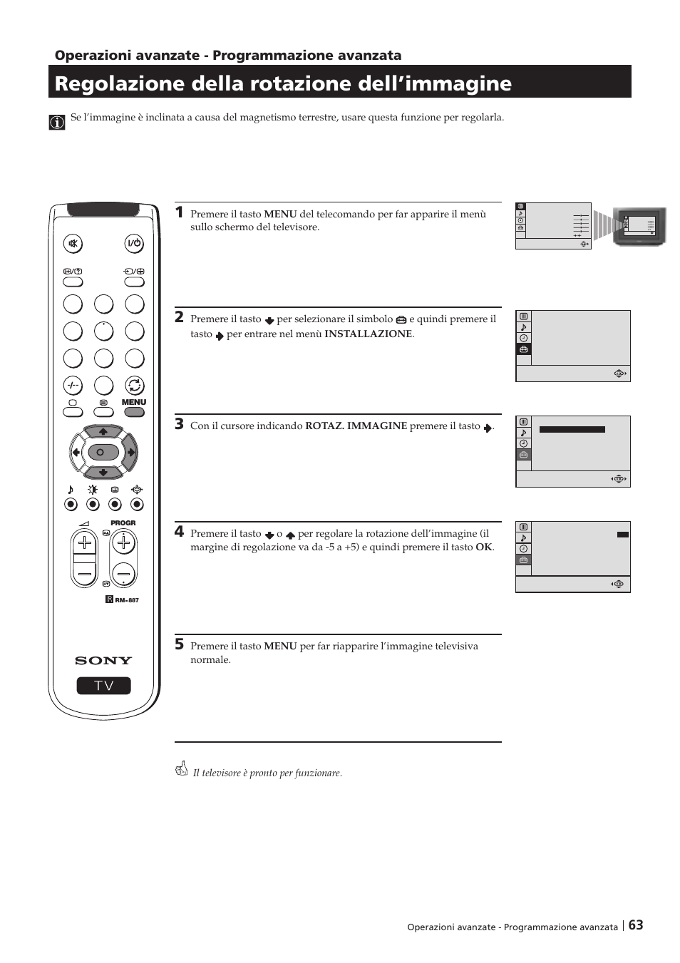 Regolazione della rotazione dell’immagine, Operazioni avanzate - programmazione avanzata | Sony KV-29FX201D User Manual | Page 63 / 98