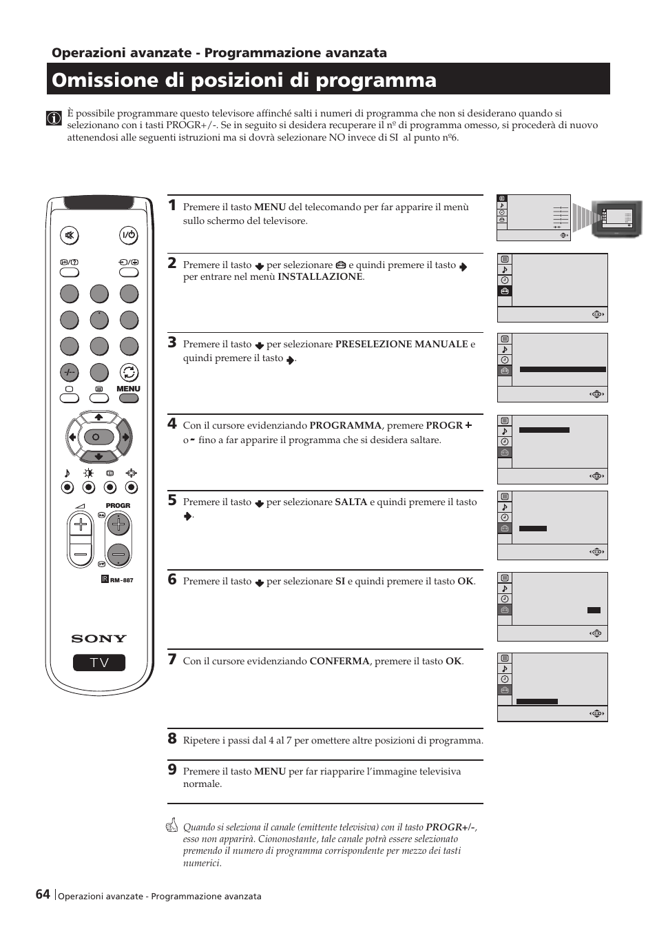 Omissione di posizioni di programma, Operazioni avanzate - programmazione avanzata | Sony KV-29FX201D User Manual | Page 64 / 98