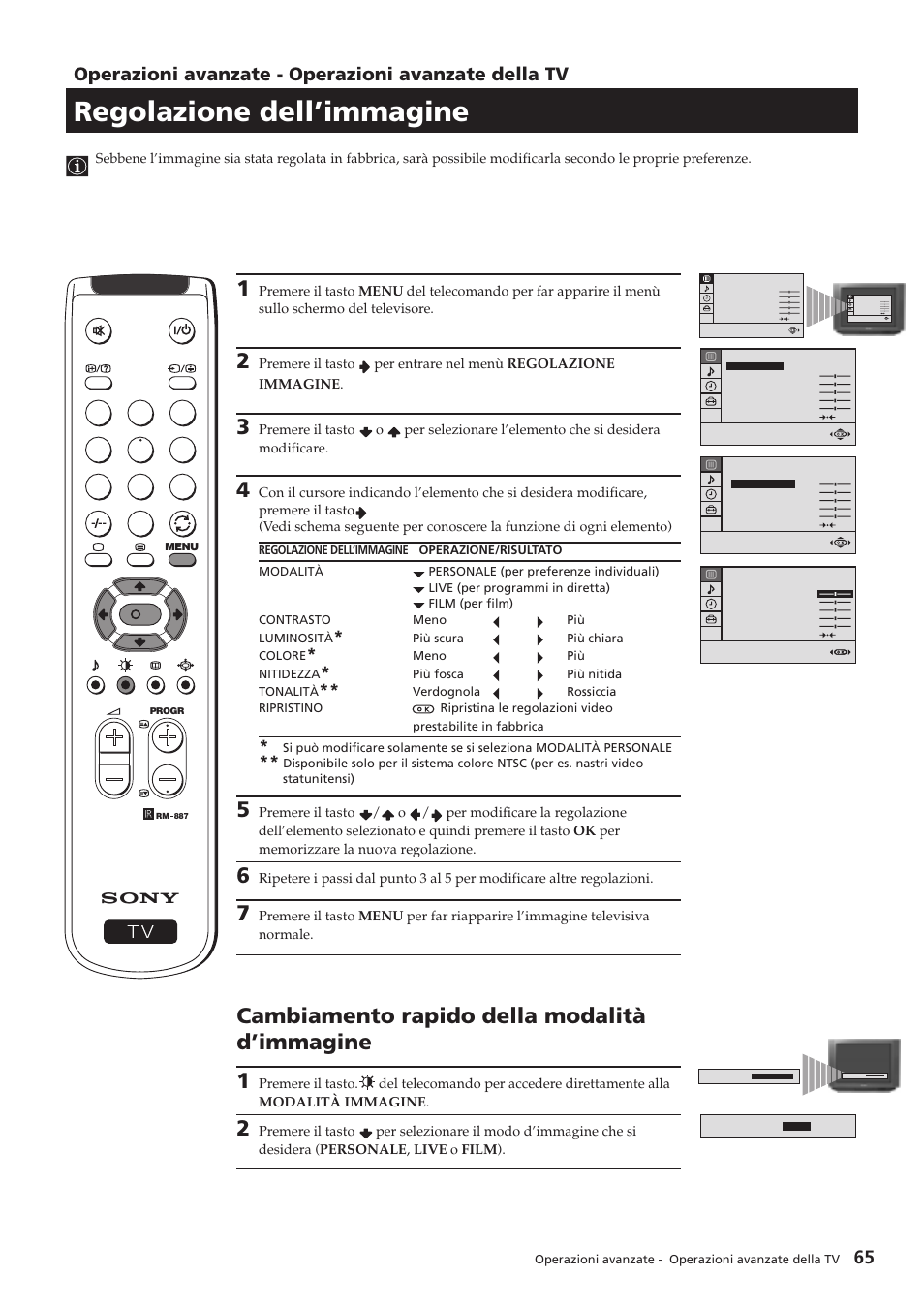 Regolazione dell’immagine, Cambiamento rapido della modalità d’immagine 1, Operazioni avanzate - operazioni avanzate della tv | Sony KV-29FX201D User Manual | Page 65 / 98
