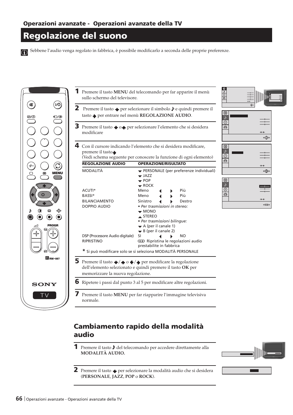 Regolazione del suono, Cambiamento rapido della modalità audio 1, Operazioni avanzate - operazioni avanzate della tv | Sony KV-29FX201D User Manual | Page 66 / 98