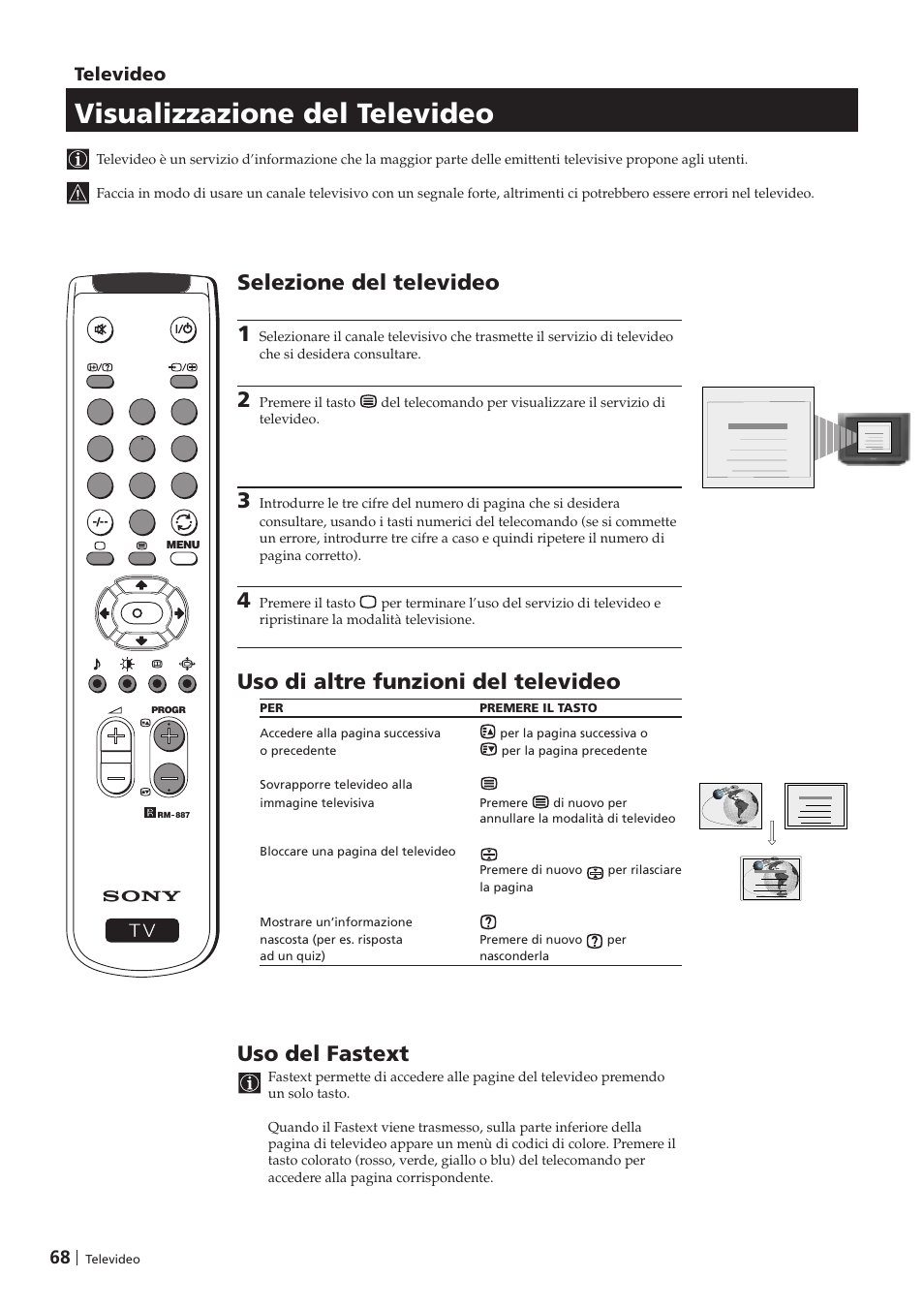 Visualizzazione del televideo, Uso del fastext, Selezione del televideo 1 | Uso di altre funzioni del televideo, Televideo | Sony KV-29FX201D User Manual | Page 68 / 98