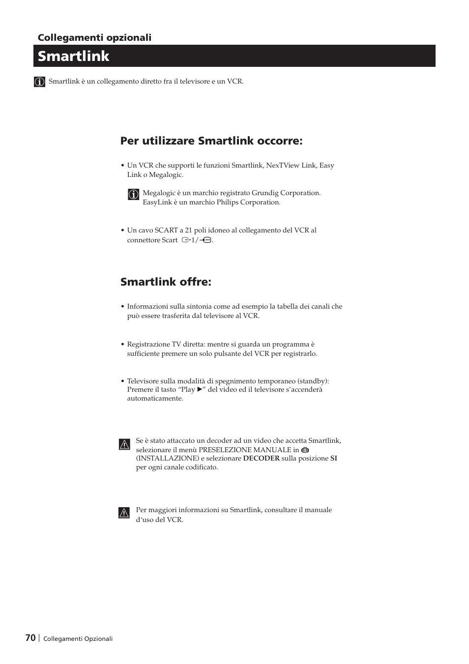 Smartlink, Per utilizzare smartlink occorre, Smartlink offre | Sony KV-29FX201D User Manual | Page 70 / 98