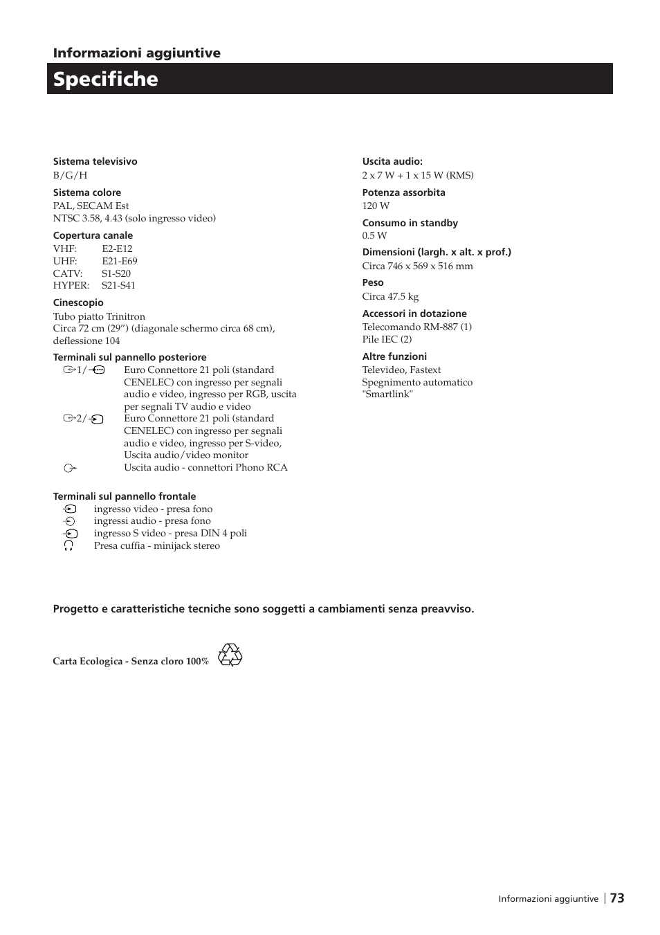Specifiche, 73 informazioni aggiuntive | Sony KV-29FX201D User Manual | Page 73 / 98