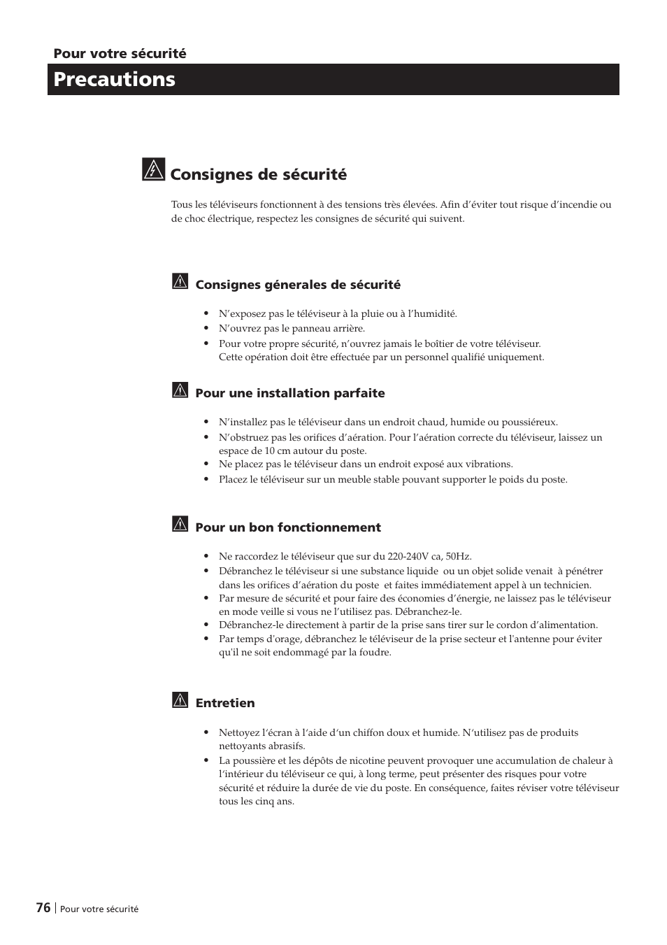 Precautions, Consignes de sécurité | Sony KV-29FX201D User Manual | Page 76 / 98