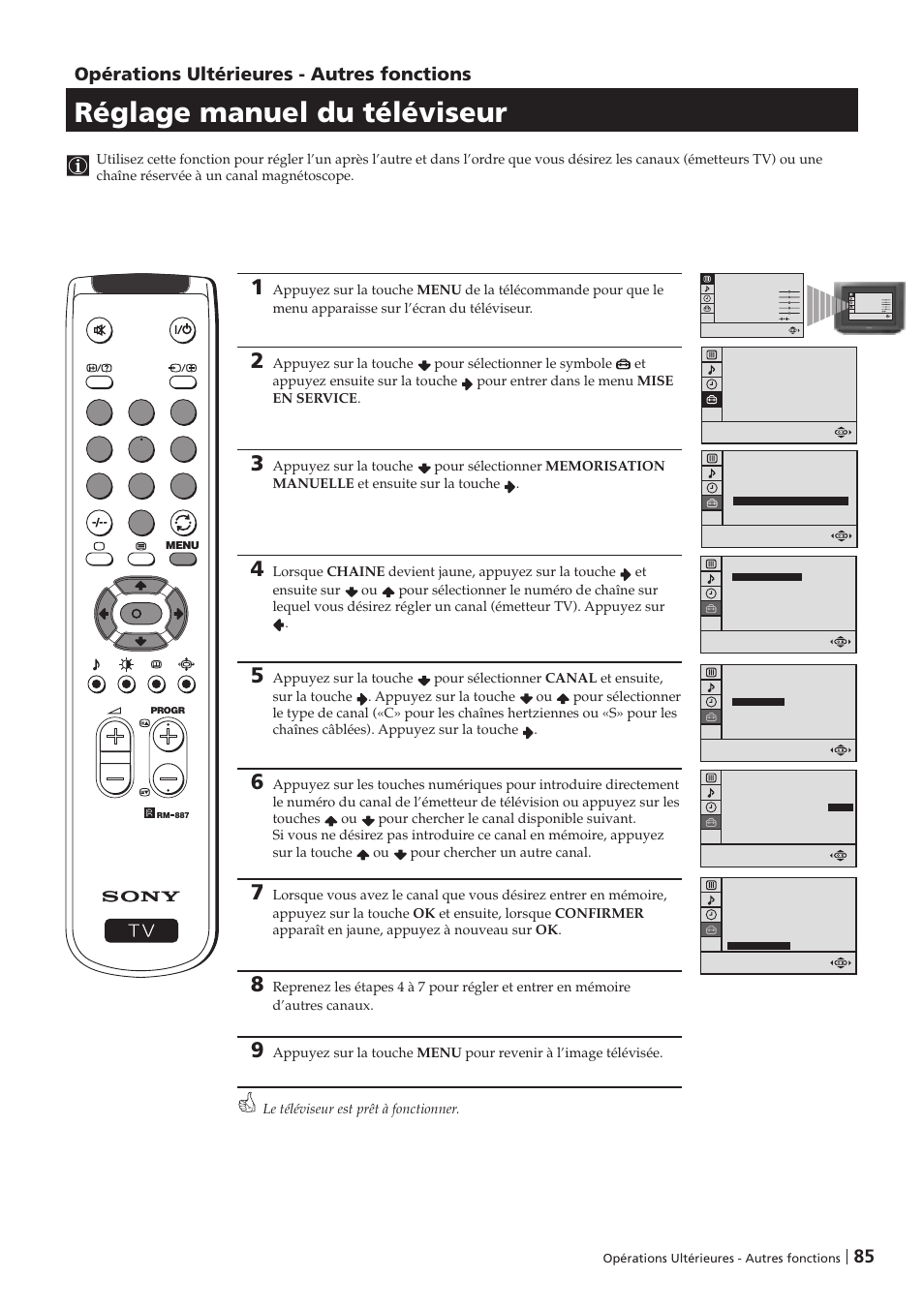 Réglage manuel du téléviseur, Opérations ultérieures - autres fonctions | Sony KV-29FX201D User Manual | Page 85 / 98