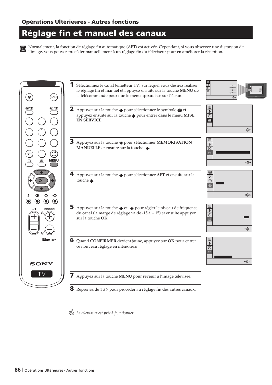 Réglage fin et manuel des canaux, Opérations ultérieures - autres fonctions | Sony KV-29FX201D User Manual | Page 86 / 98