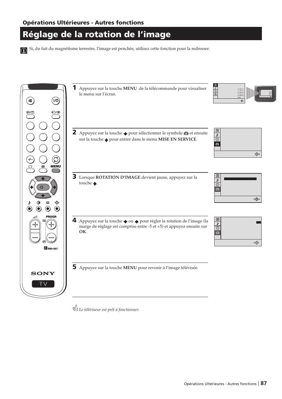 Réglage de la rotation de l’image, Opérations ultérieures - autres fonctions | Sony KV-29FX201D User Manual | Page 87 / 98