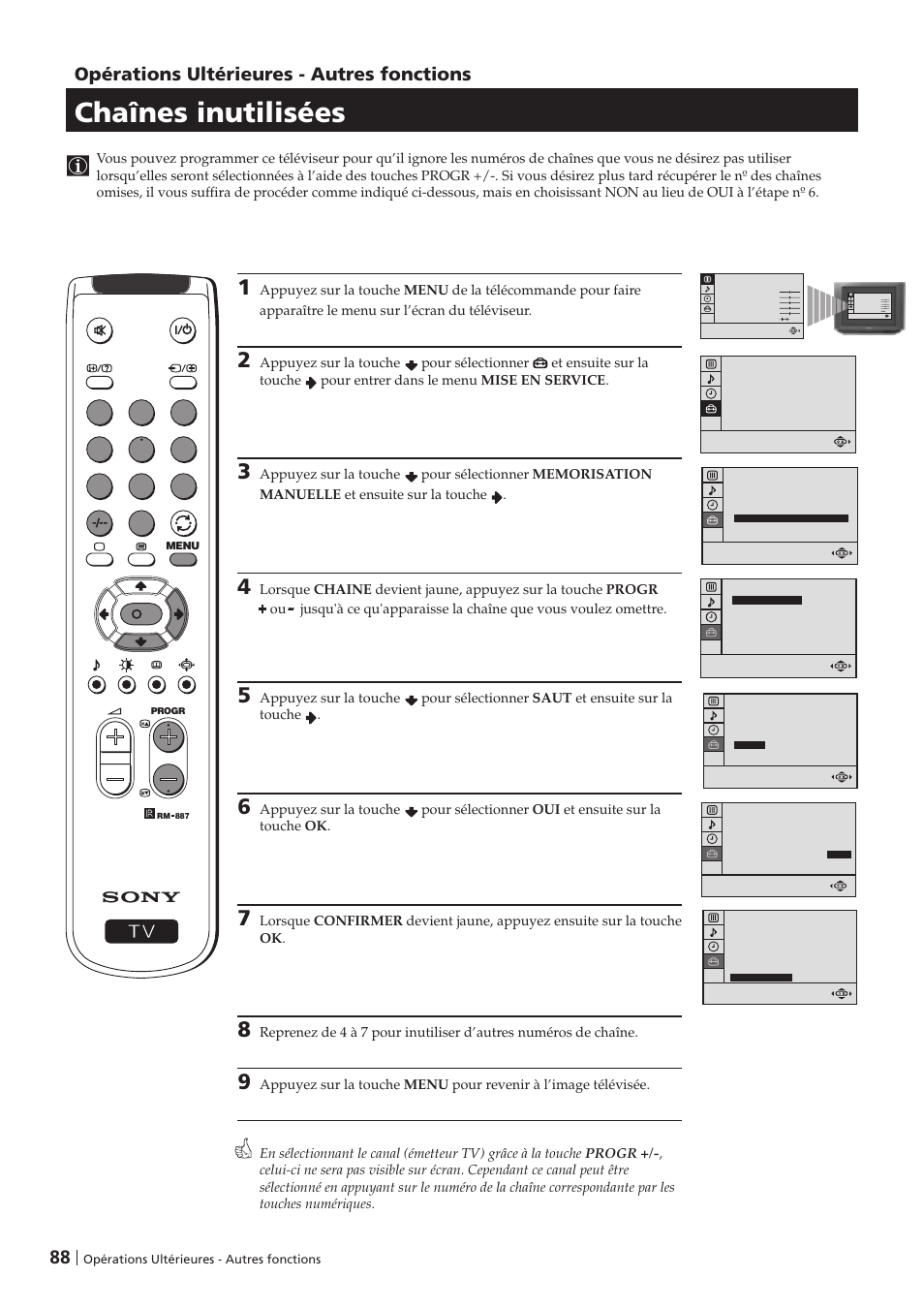 Chaînes inutilisées, Opérations ultérieures - autres fonctions | Sony KV-29FX201D User Manual | Page 88 / 98