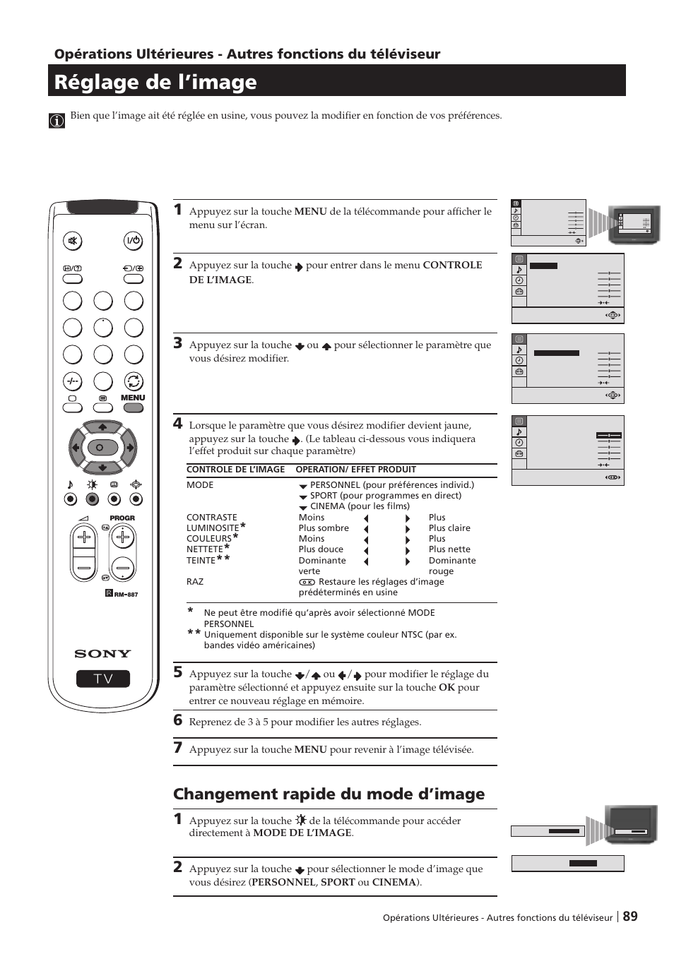 Réglage de l’image, Changement rapide du mode d’image 1 | Sony KV-29FX201D User Manual | Page 89 / 98